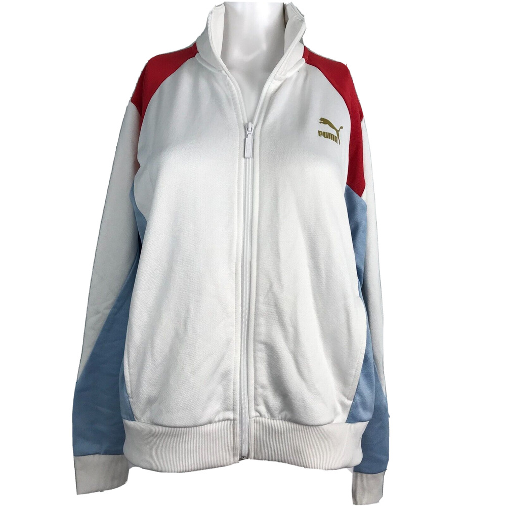 Puma Jacket Womens Sz L Red White Blue Retro Zip Track Pockets Gold Logo